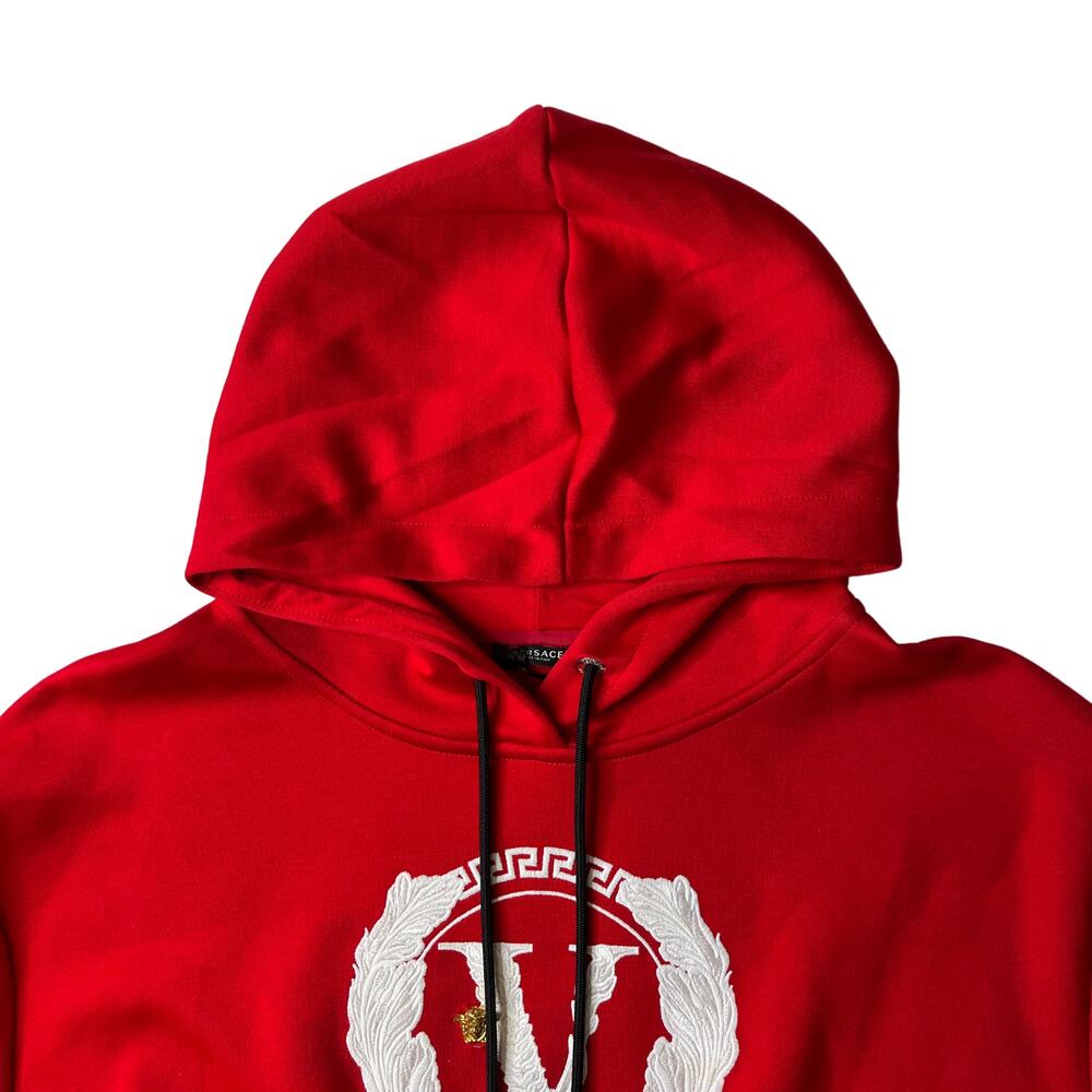 1-42 VERSACE Women's Pullover Cropped Hoodie Embroidered Logo Red Medium/44 - Picture 3 of 16